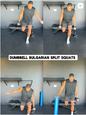 Jackeil demonstrating dumbbell Bulgarian split squats